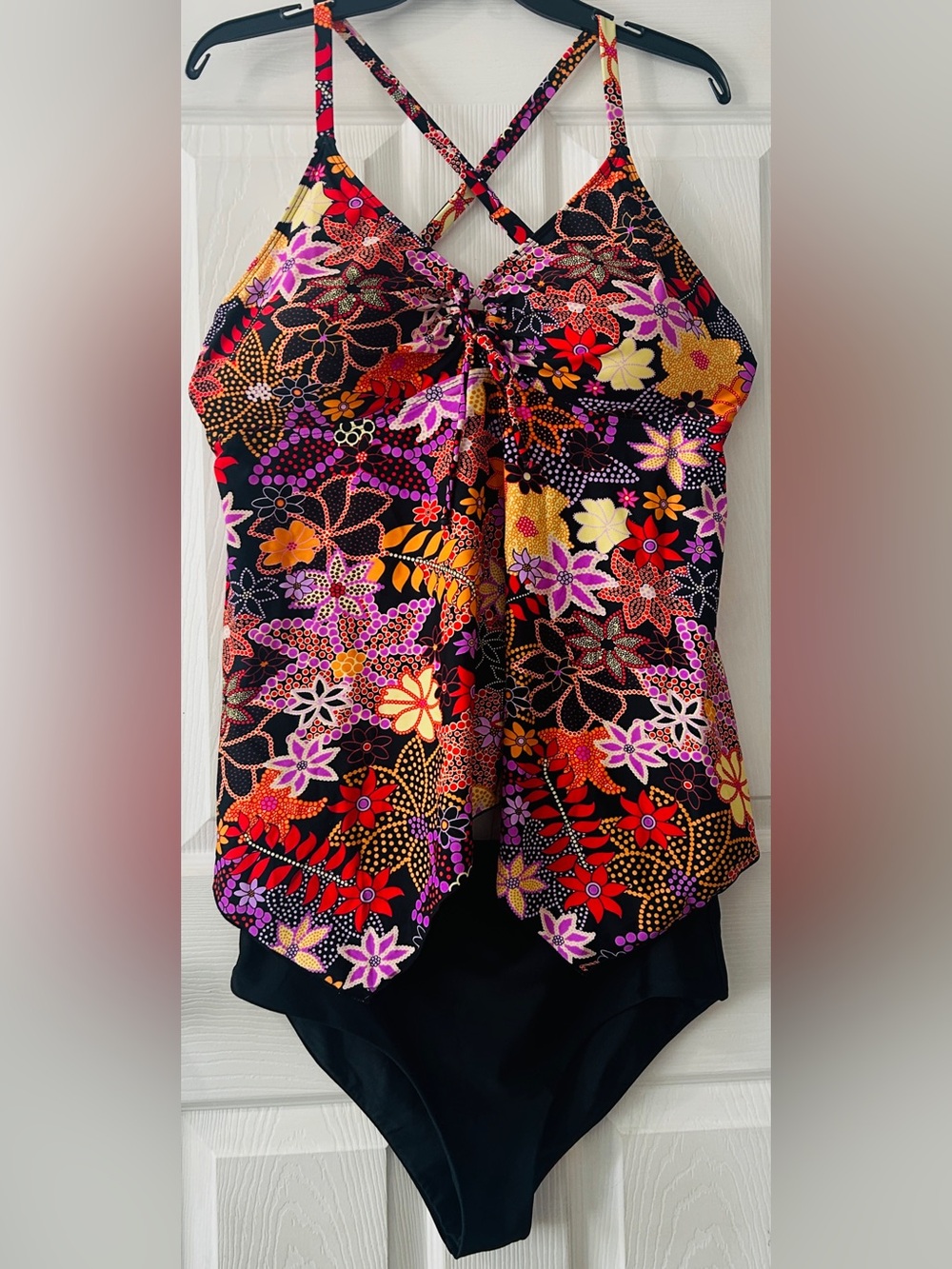 Swim Top Asymmetrical CrissCross Straps Multi-Floral NWOT w/Black Bottoms L